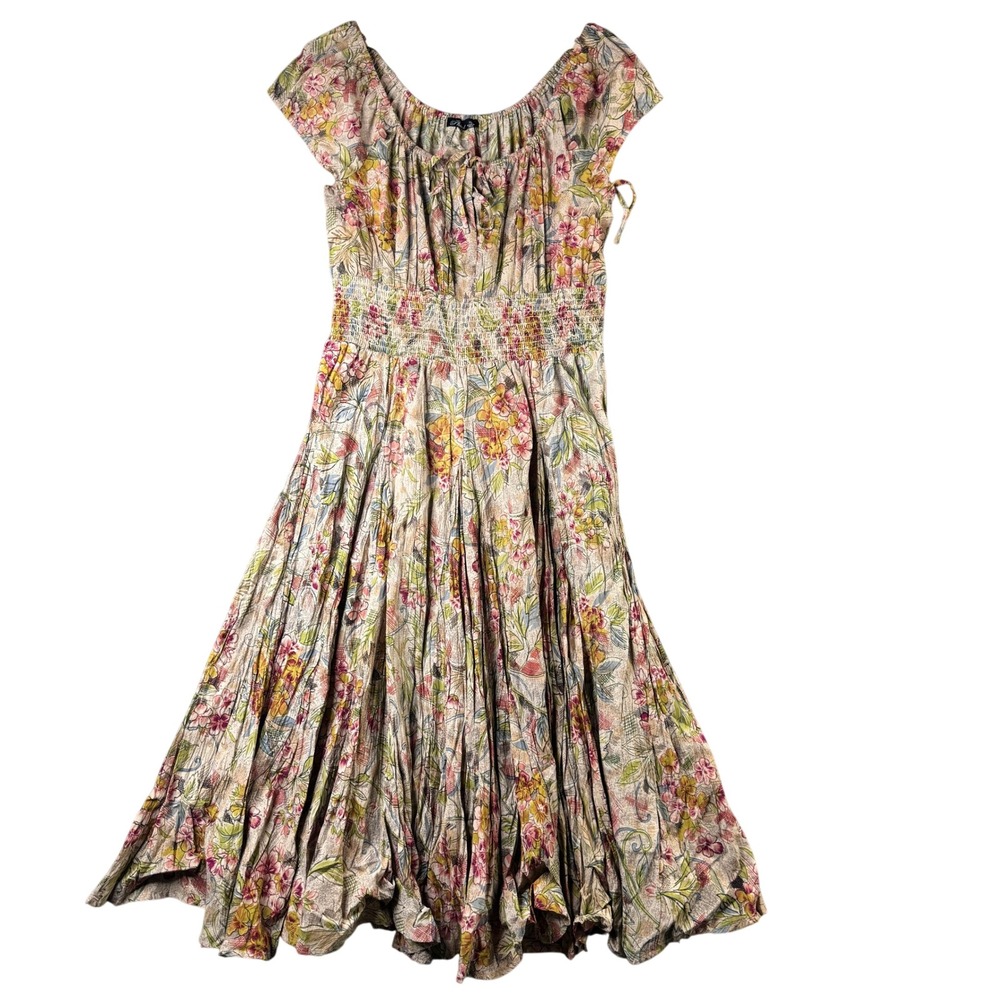 Phool Womens Size XL Floral 100% Cotton Smocked Waist Crinkle Skirt Midi Dress